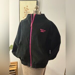 Reebok Women’s Black Pink Corduroy Jacket Zip Up Coat Boxy Fit Retro Medium